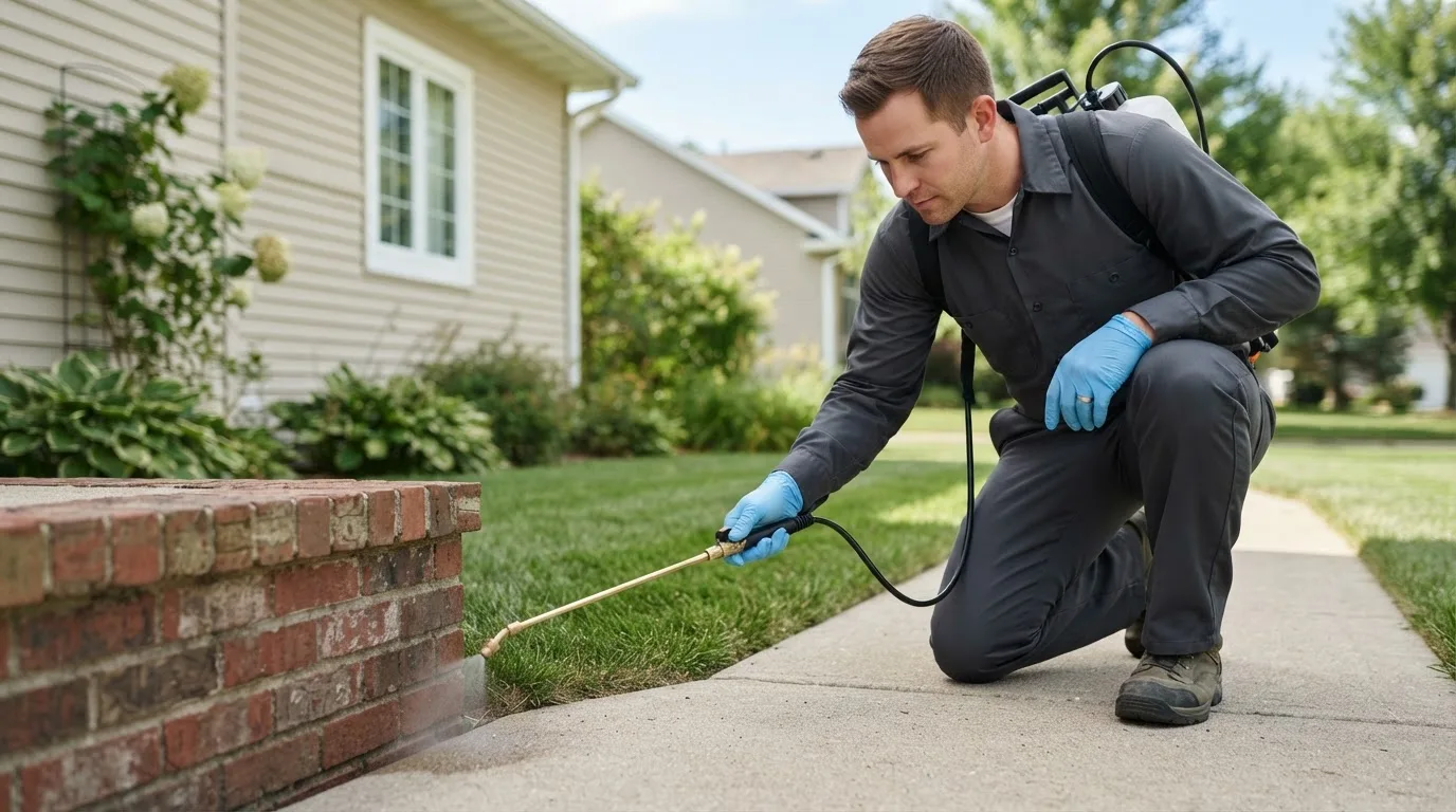 Pest control technician treating a home near Newport, RI